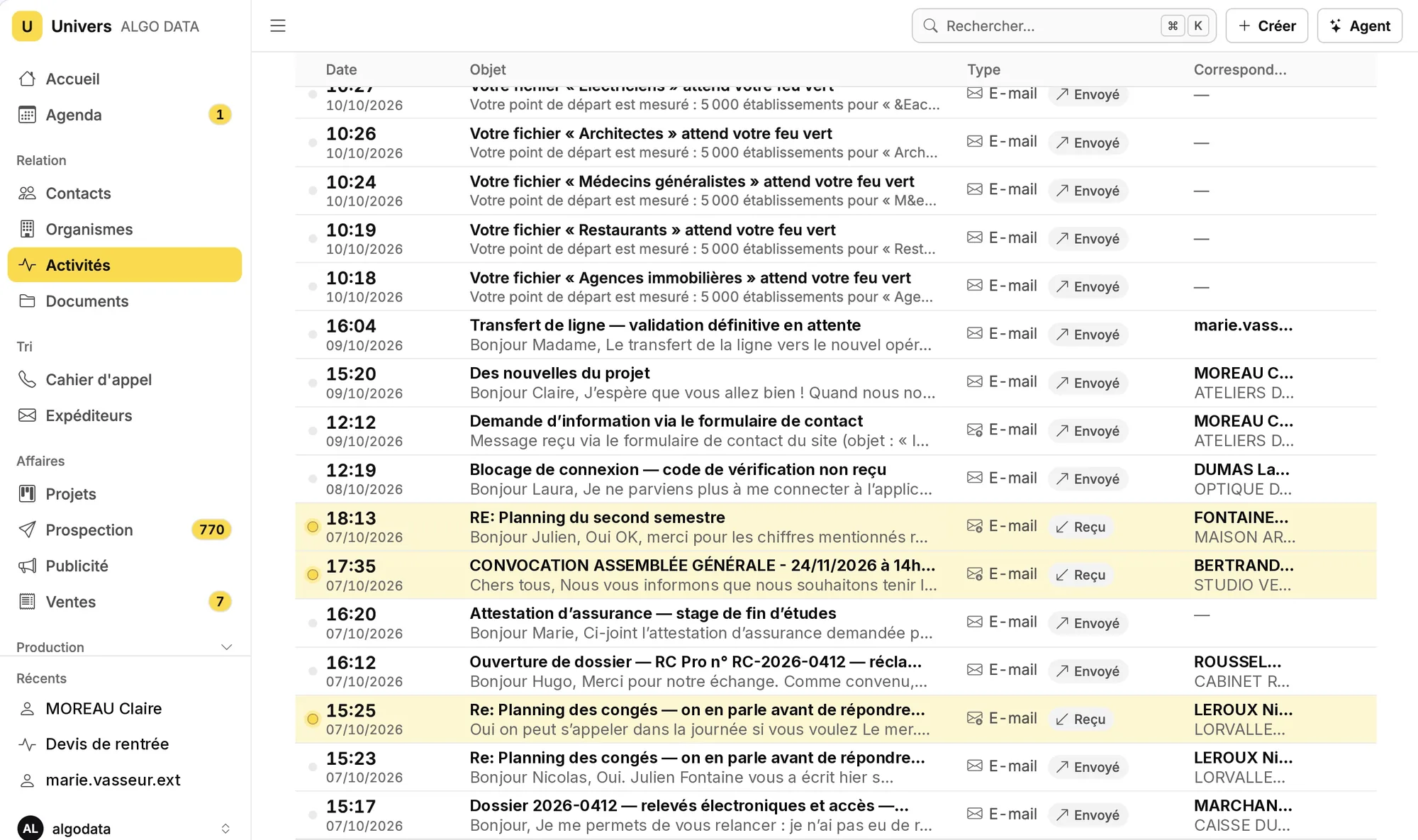 Liste des activités d'Univers, dans l'espace de démonstration : chaque échange, e-mail envoyé ou reçu, avec son objet, un aperçu de son contenu et son correspondant. Les noms et les messages sont fictifs.